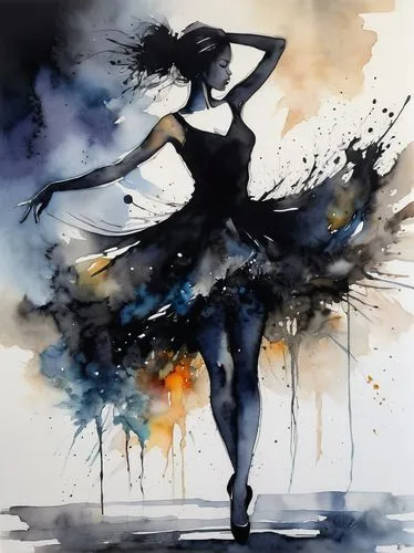 abstract art of a dancing girl abstract black ink art ,a painting of a woman in a black dress,dance silhouette,silhouette dancer,dance with canvases,dancer,dance,ballroom dance silhouette,Illustration