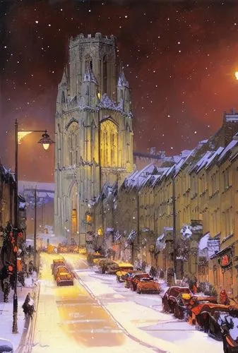 Bristol Cathedral in snow at Christmas, snowing at night with glowing street lamps, atmospheric volumetric lighting, beautiful painting by Frank Frazetta,york,christmas landscape,bethlehem,otley,snow 