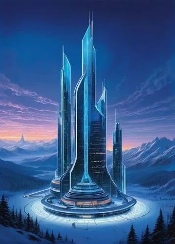 ordos,futuristic architecture,futuristic landscape,ice castle,coldharbour,cyberport,cybercity,jotunheim,silico,uzala,arcology,arktika,skylstad,citadels,sulaco,davos,the skyscraper,sky space concept,tunheim,vanu,Illustration,Realistic Fantasy,Realistic Fantasy 04