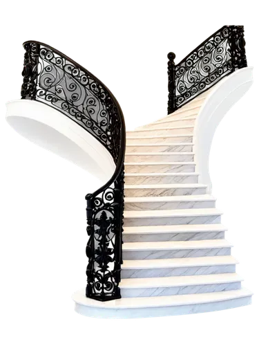 black and white staircase, symmetrical, grand, luxurious, marble steps, intricate iron railing, ornate newel post, ascending, descending, dramatic lighting, high contrast, cinematic composition, low a