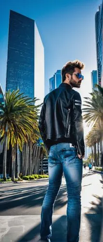 Male photographer, 30s, short beard, messy hair, casual clothing, denim jeans, black leather jacket, Nikon camera, lens, tripod, sunglasses, LA cityscape, modern skyscrapers, sleek architecture, palm 