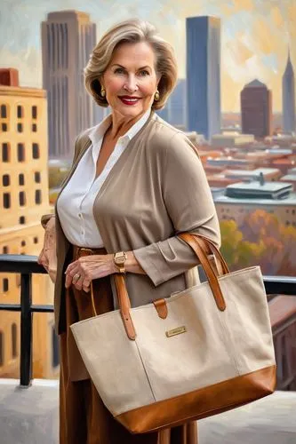 modern mature lady, casual outfit, standing, urban setting, cityscape, architectural building in background, holding a tote bag, brown leather straps, beige canvas material, structured shape, gold ton