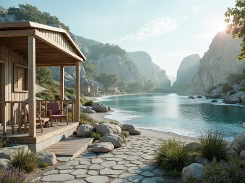 cryengine,idyllic,seclude,house by the water,summer cottage,floating huts,houseboats,crytek,sansar,seahaven,dorne,hideaways,riverside,render,seaside resort,summer house,seaside country,themyscira,cliffside,seaside view