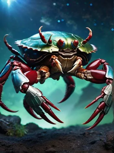 Giant space crab, alien planet, dark red shell, glowing blue eyes, sharp claws, muscular legs, metallic silver armor, stars and galaxies in the background, low gravity, misty atmosphere, eerie green l