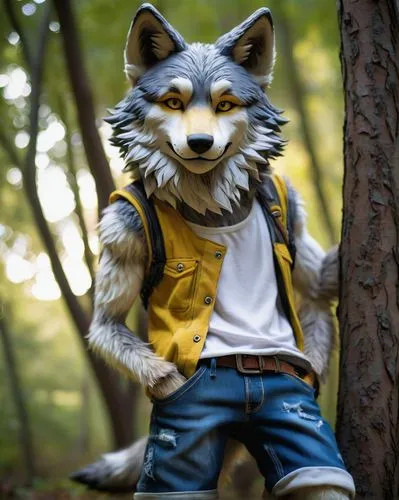 Furry, anthropomorphic, wolf-like creature, Yiff, leaning against a tree, relaxed posture, piercing yellow eyes, fluffy fur, bushy tail, casual clothing, ripped denim shorts, white tank top, sneakers,