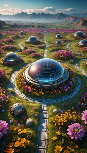 cosmos field,futuristic landscape,mushroom landscape,alien world,alien planet,terraforming,utopian,flower dome,solar cell base,solar field,apiarium,valerian,cosmos,colony,exoplanet,fantasy landscape,artificial island,field of flowers,blooming field,bee-dome,Photography,General,Sci-Fi