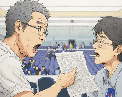 tennis coach,baseball coach,sports game,sports commentator,announcer,reading glasses,examining,american football coach,tutoring,football coach,clipboard,typesetting,coaching,game arc,track and field,tokyo summer olympics,kinomichi,coach,table tennis,paperwork,Illustration,Japanese style,Japanese Style 10