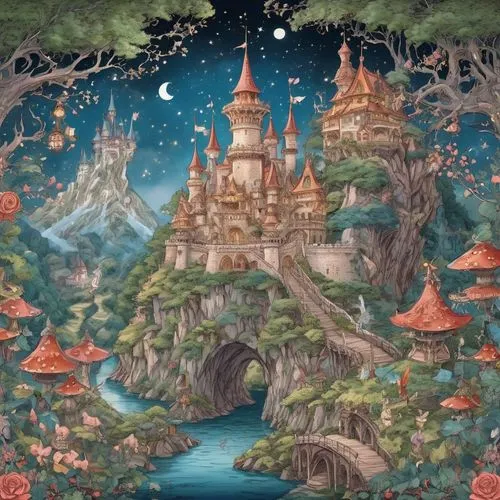 fairy village,fairy world,fairy tale castle,fairy forest,fantasy world,fairy house,fairytale castle,mushroom landscape,fairytale forest,fairy chimney,mushroom island,children's fairy tale,wishing well,fantasy landscape,fairy tale,enchanted forest,a fairy tale,fantasy city,studio ghibli,dream world,Illustration,Realistic Fantasy,Realistic Fantasy 02