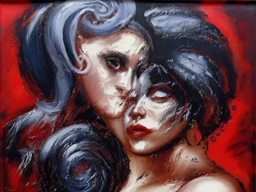 Passion Sexy Painting ,Naked Woman  Abstract Body Art Oil Painting,a portrait of two women made with a dark and white image of feathers,viveros,gothic portrait,tomie,oil paint,oil painting,oil paintin