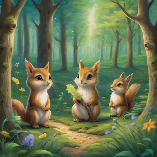 squirrels,chinese tree chipmunks,woodland animals,rabbit family,forest animals,hares,rabbits and hares,forest background,foxes,acorns,fairy forest,female hares,three friends,cartoon forest,fox stacked