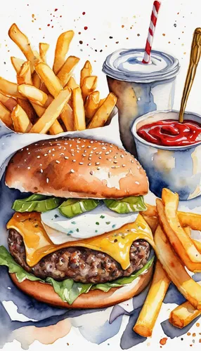 Indulge in the ultimate comfort food experience with a row burger and perfectly golden fries.,burger and chips,grilled food sketches,row burger with fries,fast food junky,fastfood,burger,junk food,col