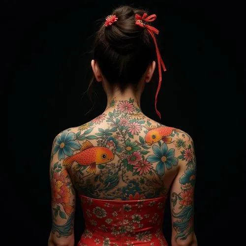 geisha girl,tattoo girl,japanese art,body painting,bodypainting,oriental girl,floral japanese,geisha,woman's backside,body art,bodypaint,cheongsam,maiko,oiran,japanese woman,my back,geiko,girl in a long dress from the back,sichuanese,kuangyin,Photography,General,Fantasy