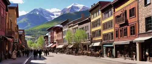 Telluride arts and architecture, colorful buildings, vibrant murals, wooden balconies, steep roofs, stone walls, flower-filled window boxes, charming streets, boutique shops, art galleries, outdoor sc