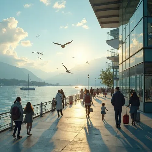 Scenic lakefront, bus station, modern architecture, glass and steel structure, reflection of surrounding environment, calm water, few ripples, sailboats or yachts in distance, seagulls flying overhead