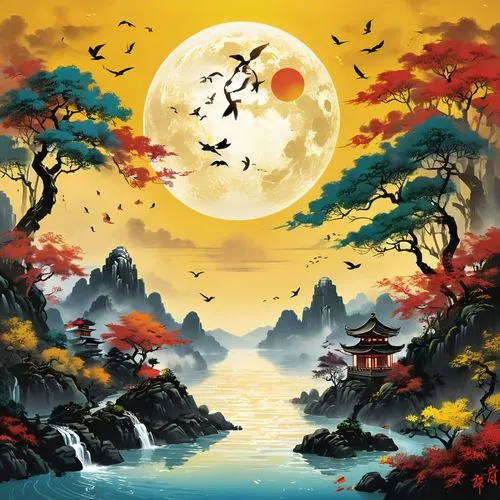 mid-autumn festival,chuseok,okami,cartoon video game background,autumn background,oriental painting,Unique,Design,Sticker