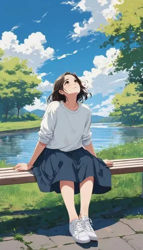 hosoda,girl sitting,park bench,euphonious,kumiko,hikari,bocchi,tiribocchi,nodame,summer sky,summer day,tamako,meditating,bench,worried girl,girl lying on the grass,ghibli,schoolbreak,sitting,bluesky,Illustration,Japanese style,Japanese Style 06