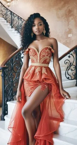 In the luxurious atmosphere of a luxurious hotel, a ebony 20 years old, adorned in a hazy red gown, is captivated by a mystical figure. The radiant figure's features are complemented by a sleek black 