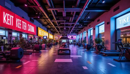 Vibrant fitness club, energetic atmosphere, bold color scheme, motivational quotes, modern equipment, sleek metal frames, neon lights, intense workouts, high-energy ambiance, dynamic flooring patterns