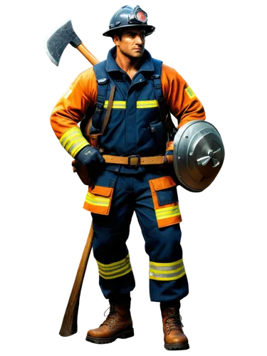 muscular man, firefighter, adult, helmet, oxygen mask, fireproof jacket, heavy boots, holding axe, strong legs, standing, heroic pose, dramatic lighting, high contrast, cinematic composition, detailed