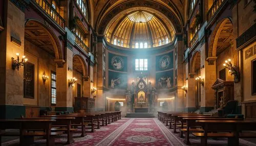 Majestic Byzantine church, golden domes, intricate mosaics, rich jewel tones, warm beige stone walls, ornate frescoes, vibrant turquoise accents, regal purple hues, soft candlelight, atmospheric fog, 