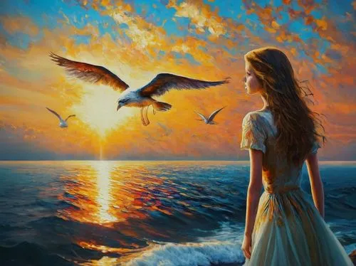 sun sunrise,fantasy picture,oil painting on canvas,dove of peace,birds of the sea,sea swallow,fantasy art,oil painting,doves of peace,constellation swan,romantic scene,art painting,sea breeze,flying b