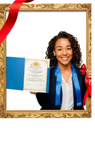 Correct, certificate, golden frame, ornate design, blue ribbon, red seal, confetti, smiling face, close-up, shallow depth of field, soft focus, warm lighting, 3/4 composition.,a woman with long black 