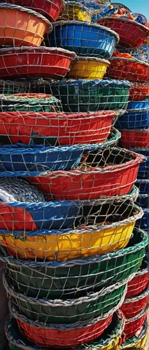 crab pots, shopping, outdoor market, stainless steel material, durable, mesh design, rope handle, bait compartment, coastal theme, sunny weather, seaside, vendor stalls, busy marketplace, wide-angle s