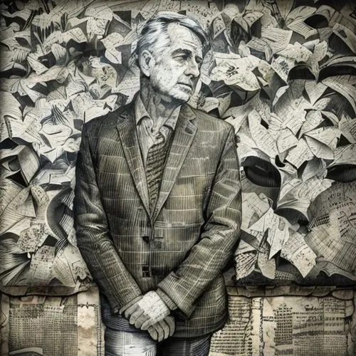 sculptor ed elliott,mural,brooklyn street art,streetart,chalk drawing,street art,romanescu,paper art,pencil art,jrr tolkien,atatürk,smoking man,public art,ernő rubik,adenauer,portrait background,urban art,crumpled paper,urban street art,graffiti,Art sketch,Art sketch,Newspaper