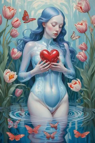 watery heart,blue heart,lotus hearts,heatherley,water nymph,painted hearts,Illustration,Vector,Vector 12