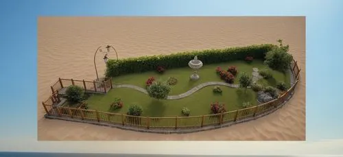 an aerial view of a landscaped yard area surrounded by a seawall,mini golf course,playgrounds,seaside resort,play area,the sand dunes,sand trap,island poel,sand dune,sand paths,miniature golf,sand dun