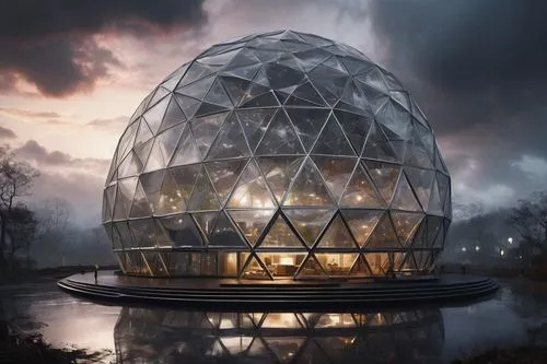 Geodesic dome, futuristic, sci-fi, spherical structure, interconnected triangles, metallic material, silver color, glossy texture, complex framework, intricate details, symmetrical composition, centra