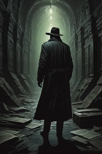 investigator,mystery book cover,sherlock holmes,detective,sci fiction illustration,undertaker,indiana jones,holmes,pilgrim,blind alley,inspector,bram stoker,private investigator,the wanderer,game illustration,black hat,fedora,mafia,film noir,play escape game live and win,Illustration,Realistic Fantasy,Realistic Fantasy 44