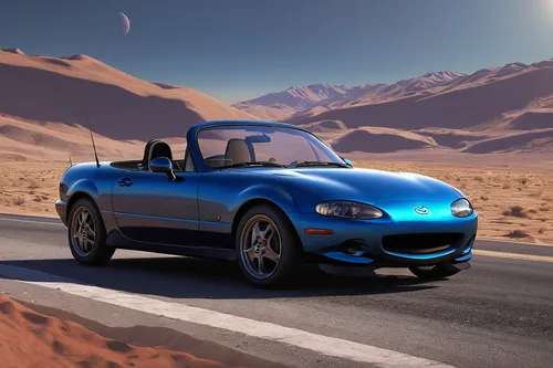 Incorporate the 1995 Mazda MX-5 Miata into a futuristic sci-fi setting where it serves as a sleek, high-speed getaway vehicle for spies.,mazda mx-5,bmw z1,bmw m roadster,honda s2000,miata,bmw z8,bmw z