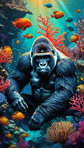 gorilla,kong,scuba,marine animal,merman,underwater background,coral guardian,god of the sea,gorilla soldier,sea god,sea devil,sea animal,king kong,snorkel,underwater world,marine biology,scuba diving,aquatic mammal,aquanaut,marine life,Conceptual Art,Fantasy,Fantasy 14