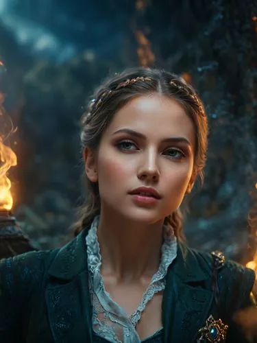 A perfect woman.,a woman with makeup and ids standing in the woods,shannara,katniss,eretria,fire background,burning hair,petrova,Photography,General,Fantasy