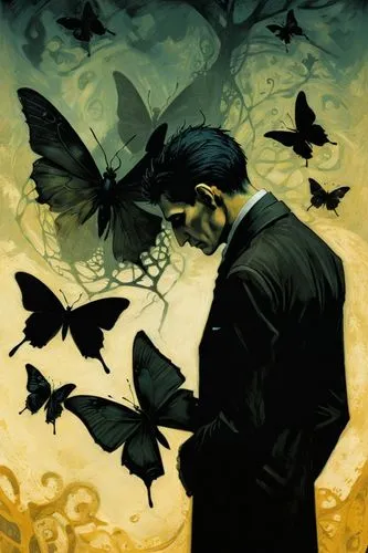 murder of crows,moths and butterflies,lepidopterist,butterflies,black crow,butterfly effect,papilio,yellow butterfly,butterfly background,corvidae,chasing butterflies,blackbirds,crows,deaths head hawk-moth,blackbird,isolated butterfly,giant swallowtail,ulysses butterfly,peppered moth,bats,Illustration,Realistic Fantasy,Realistic Fantasy 29