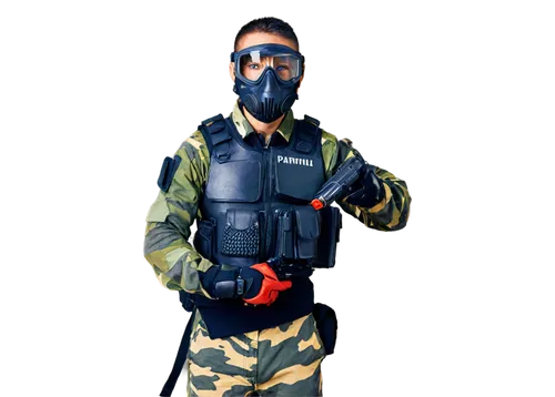 Paintball player, male, muscular, dynamic pose, protective mask, goggles, camouflage clothing, backpack, paintball gun, smoke bombs, battle-scarred armor, intense facial expression, sweat drips down f