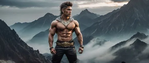 Muscular man, dragon wings, strong arms, fierce gaze, spiky hair, golden earrings, tribal tattoos, ripped chest, abdominal muscles, tight waist, powerful legs, clawed feet, black leather pants, silver