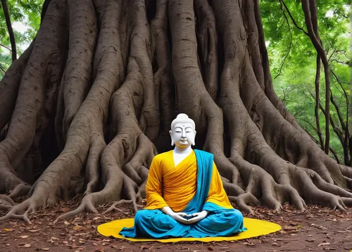 Write a peaceful scene of Buddha meditating under a bodhi tree.,bodhi tree,theravada buddhism,buddhist monk,vipassana,buddha statue,buddhist,buddha focus,somtum,buddha figure,buddha's hand,thai buddha