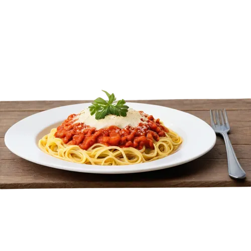 Delicious spaghetti dish, Italian cuisine, long curly noodles, savory tomato sauce, melted mozzarella cheese, sprinkled parsley, golden fork, white plate, rustic wooden table, warm lighting, shallow d