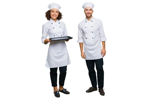 Catering staff, female, apron, chef hat, kitchen background, holding tray, smiling face, bright eyes, curly brown hair, minimal makeup, white shirt, black pants, comfortable shoes, standing pose, 3/4 