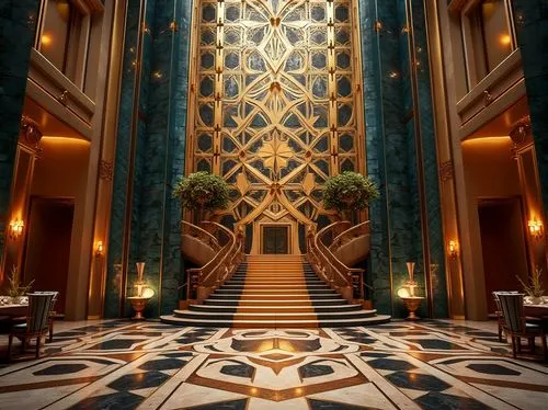 art deco,hall of the fallen,theed,hallway,entrance hall,lobby,art deco background,ornate room,elevators,mihrab,labyrinthian,entranceway,emirates palace hotel,hotel lobby,foyer,3d render,symmetrical,cochere,corridor,corridors,Photography,General,Realistic