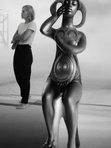 Two different women.,a woman is standing in front of a sculpture with her hand in her ears,gabourey,latrice,radebaugh,formes,woman sculpture,rankin,Photography,Black and white photography,Black and Wh