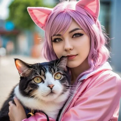 a young woman with  cat clothes cosplay, uniq, sexy and  smart,pink cat,cute cat,cat ears,cat kawaii,nyan,street cat,cosplay image,two cats,piko,cat image,cat,cat lovers,harajuku,cosplay,cat mom,japan