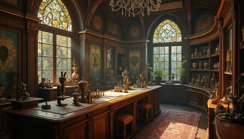 Intricate laboratory equipment, ornate metalwork, curved lines, botanical illustrations, vintage microscopes, stained glass windows, wooden cabinetry, luxurious velvet fabrics, golden accents, intrica