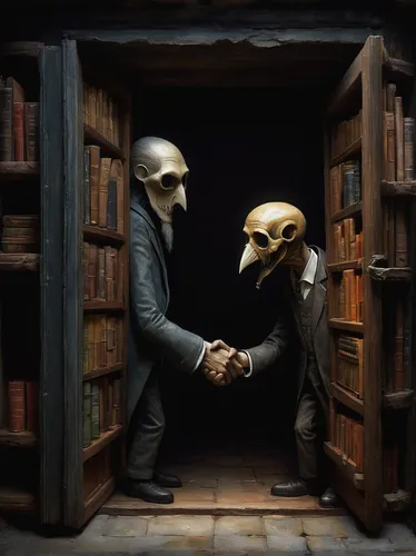 binding contract,exchange of ideas,memento mori,sci fiction illustration,authorship,readers,open book,danse macabre,handshake,skull sculpture,data exchange,agreement,books,puppet theatre,photomanipulation,the books,skeletons,fortune teller,bookstore,skull bones,Illustration,Abstract Fantasy,Abstract Fantasy 18