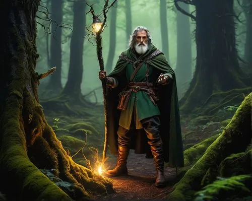 druid,jrr tolkien,elven forest,gandalf,saint patrick,the wizard,druid grove,thorin,male elf,elven,woodsman,heroic fantasy,the wanderer,forest man,quarterstaff,dwarf sundheim,fantasy picture,patrol,wood elf,wizard,Art,Classical Oil Painting,Classical Oil Painting 39