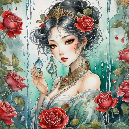 rose flower illustration,flora,water rose,fantasy portrait,rosa 'the fairy,floral background,girl in flowers,porcelain rose,flower fairy,oriental princess,with roses,winter rose,scent of roses,roses,jasmine blossom,rosa ' amber cover,rose bloom,rosa,blooming roses,geisha,Illustration,Paper based,Paper Based 25