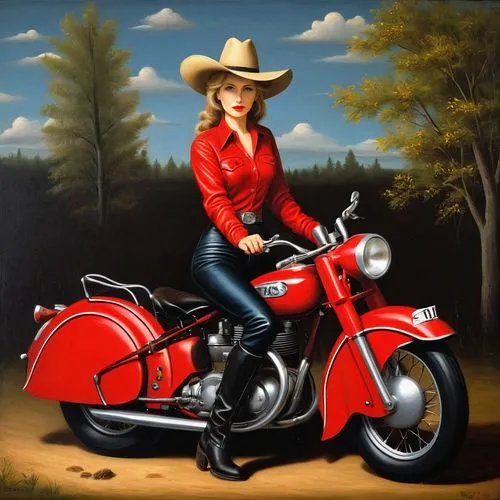 motorcycle,woman bicycle,countrygirl,motorbike,motorcyclist,motorcycles,harley davidson,harley-davidson,biker,motorcycling,girl with a wheel,motor-bike,southern belle,lady in red,red-hot polka,red hot polka,david bates,oil painting on canvas,carol m highsmith,pin ups,Art,Artistic Painting,Artistic Painting 02