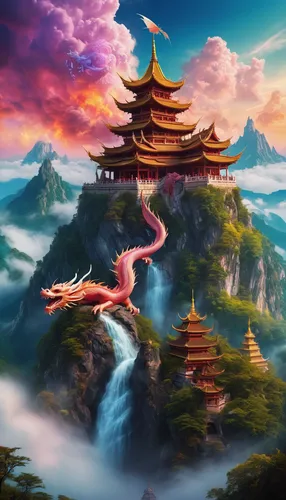 fantasy landscape,fantasy picture,world digital painting,chinese temple,forbidden palace,chinese art,oriental painting,bird kingdom,chinese clouds,landscape background,fantasy art,oriental,chinese dragon,3d fantasy,dragon bridge,japan landscape,asian architecture,asian vision,dragon boat,chinese background,Illustration,Realistic Fantasy,Realistic Fantasy 37